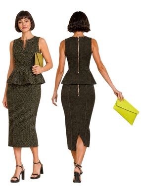 Textured Peplum Top & Midi Pencil Skirt Suit | Black + Chartreuse | Women’s Med
